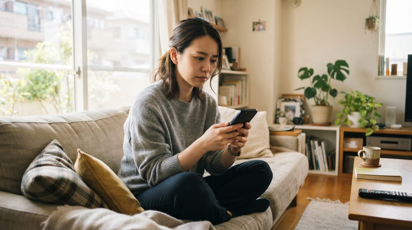 リビングで不安な表情を浮かべながらスマートフォンを見る日本人女性のイメージ