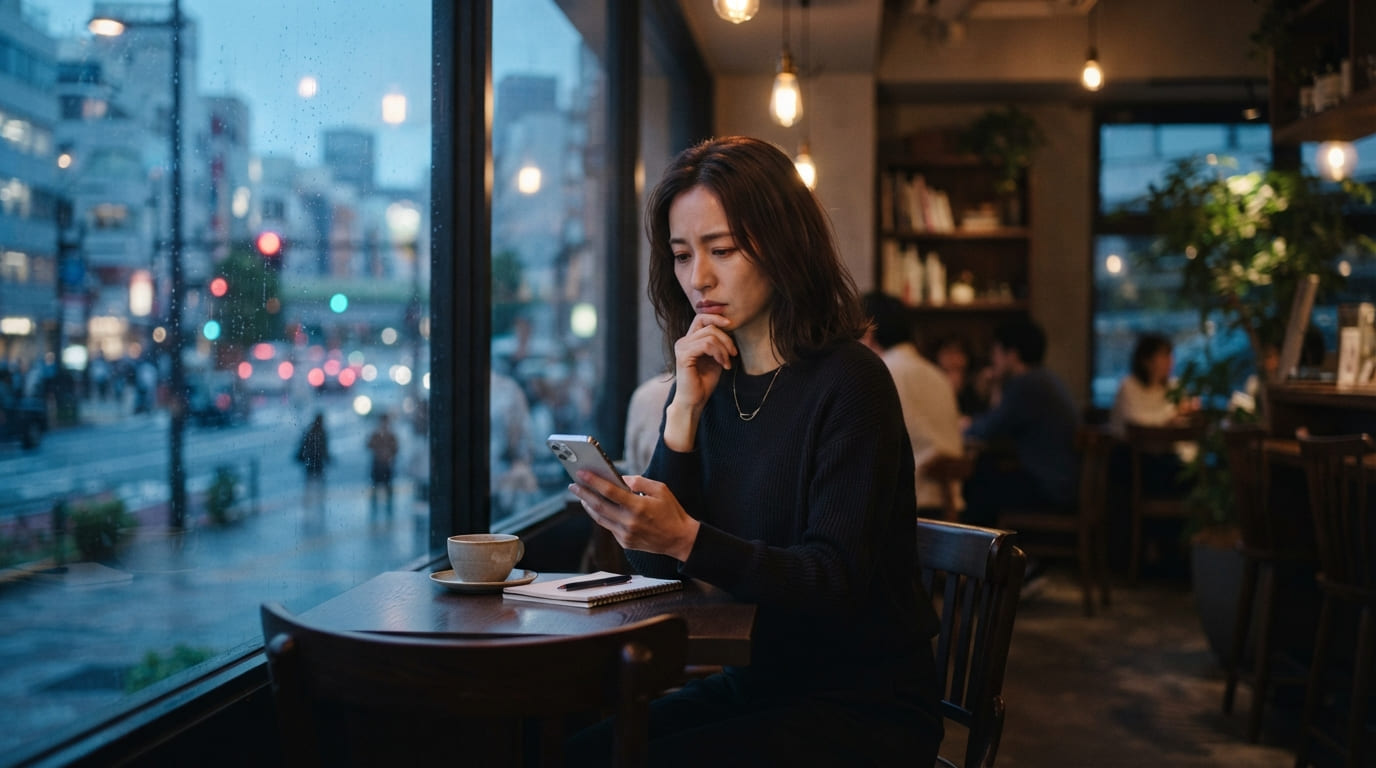 スマホを見つめながら物思いにふける日本人女性の横顔