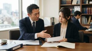 弁護士が相談者に優しくアドバイスを行っているオフィスの様子