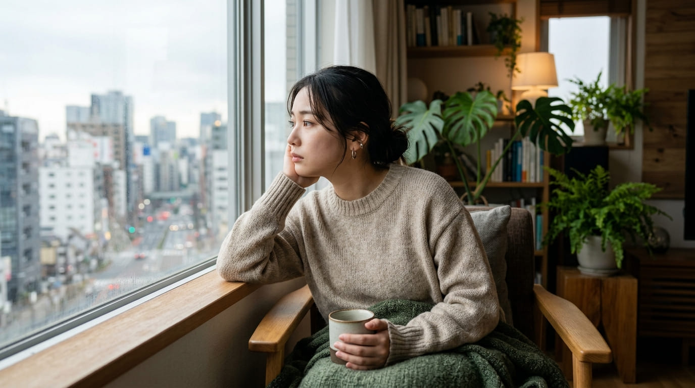 結婚を前にパートナーの行動に不安を抱え、窓の外を見つめる女性のイメージ