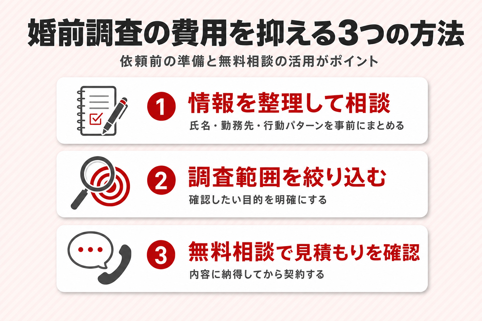 婚前調査の費用を抑える3つの方法(情報を整理して相談・調査範囲を絞り込む・無料相談で見積もりを確認)を示すチェックリスト図解 婚前調査の費用を抑える3つの方法(情報を整理して相談・調査範囲を絞り込む・無料相談で見積もりを確認)を示すチェックリスト図解