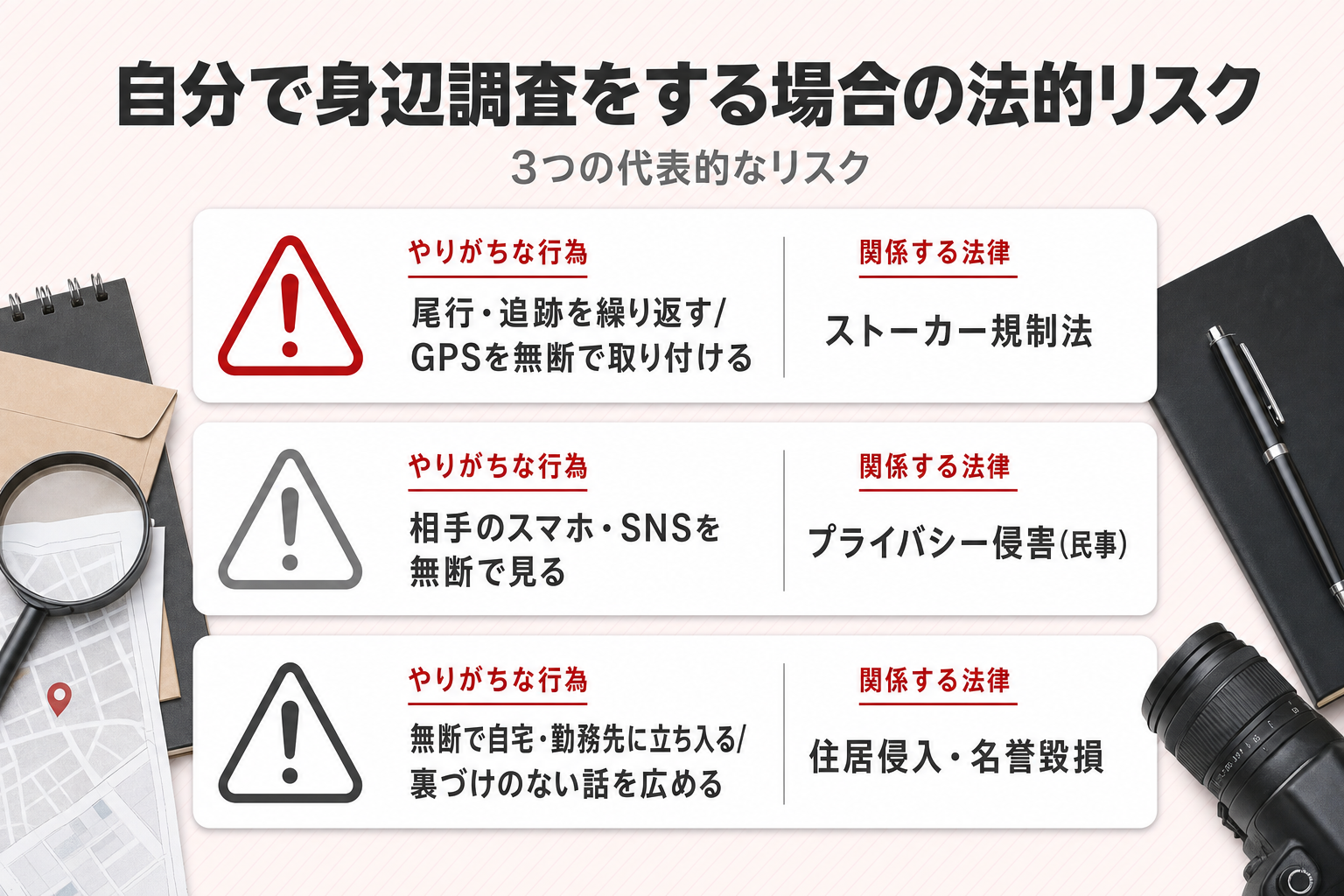 自分で身辺調査をする場合の法的リスクを3段で示した図。尾行・追跡の反復やGPS無断取り付けはストーカー規制法、スマホ・SNSの無断閲覧はプライバシー侵害(民事)、無断立ち入りや裏づけのない話の拡散は住居侵入・名誉毀損に関係する 自分で身辺調査をする場合の法的リスクを3段で示した図。尾行・追跡の反復やGPS無断取り付けはストーカー規制法、スマホ・SNSの無断閲覧はプライバシー侵害(民事)、無断立ち入りや裏づけのない話の拡散は住居侵入・名誉毀損に関係する