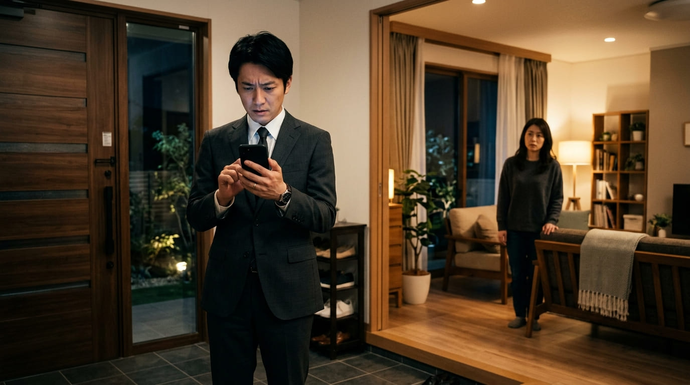 残業や仕事を理由に帰宅が遅くなり玄関先でスマホを気にするパートナーと不安を抱く配偶者の様子