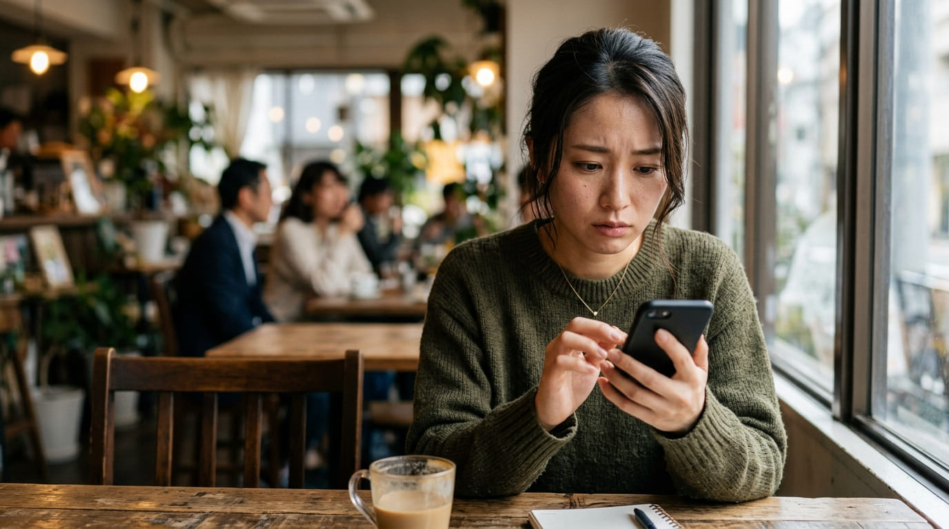 マッチングアプリを開いたスマートフォンを見つめ、相手の素性に不安を抱く日本人女性