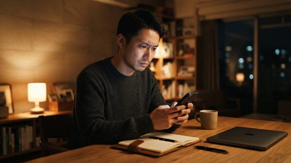 スマホの画面を見つめながら不安そうな表情を浮かべる日本の男性