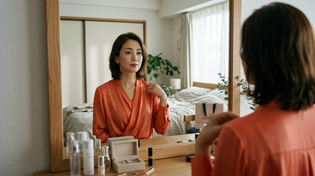 鏡の前で新しく買った上品な洋服やメイクを入念に確認する、40代後半〜50代の日本人女性。熟女の不倫に見られる変化と特徴を表現した画像。
