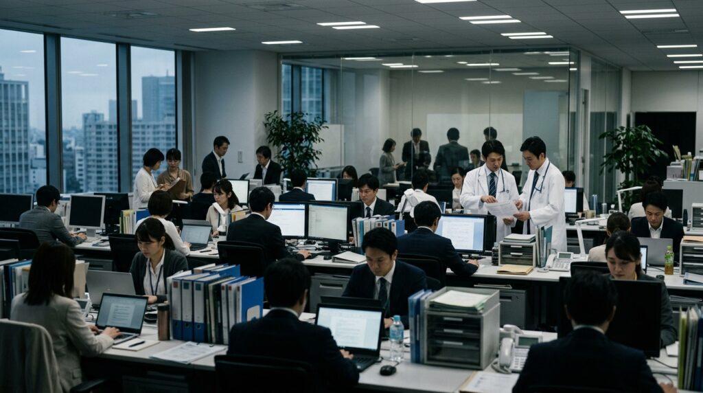 様々な職業のプロフェッショナルが働くオフィス環境のイメージ
