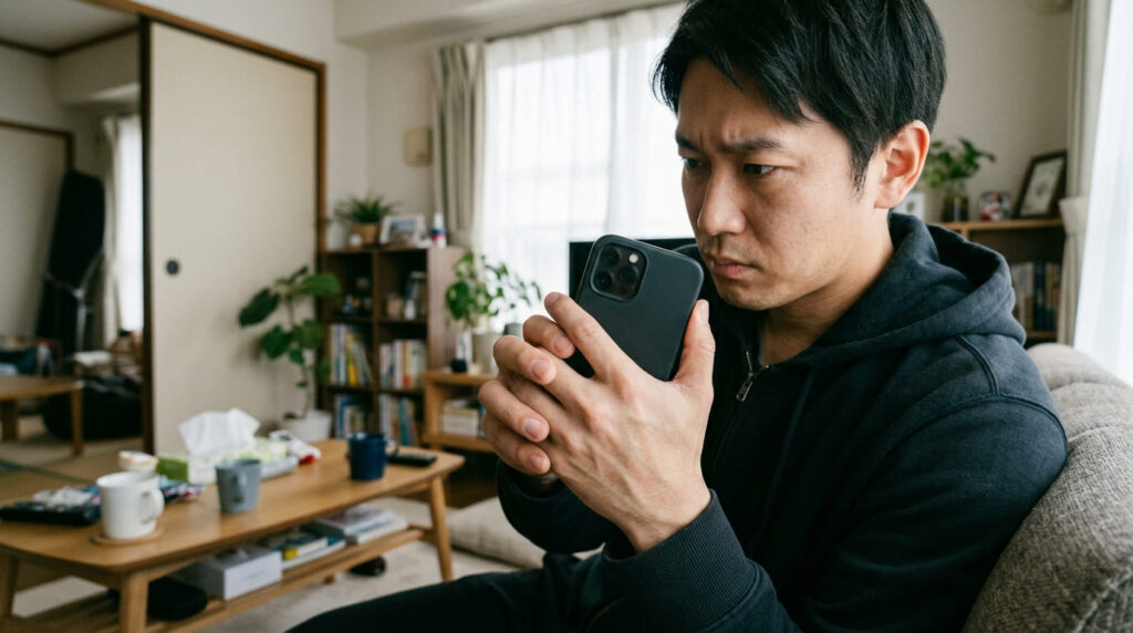 スマホの画面を隠すように両手で持つ日本人男性の画像