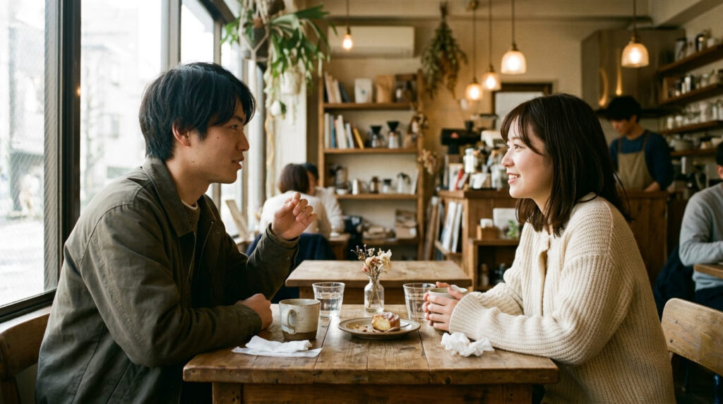 現代の結婚事情と婚前調査の需要背景を表す画像(カフェで会話をする日本人のカップル)