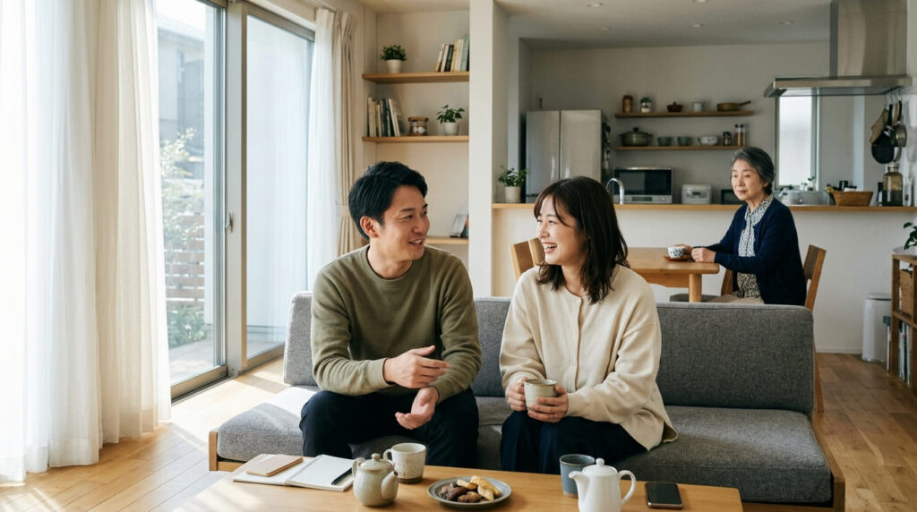 結婚を控えた若い日本人カップルとそれを遠くから心配そうに見守る親の様子