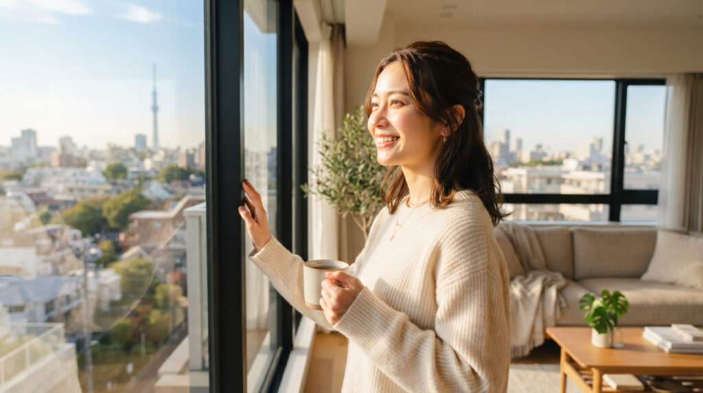 明るい窓辺で前を向き、新しい未来を見据える日本の女性のイメージ