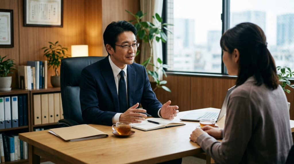 探偵事務所の相談ブースで親身にカウンセリングを行う探偵と相談者の画像