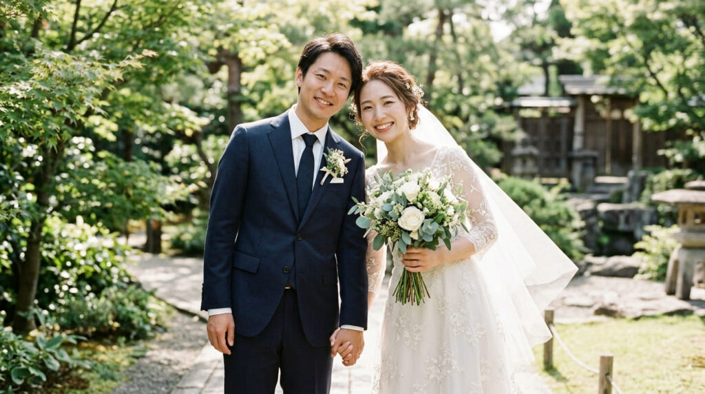 記事のまとめとして幸せな結婚生活をイメージした画像(笑顔で見つめ合う日本人の新郎新婦)