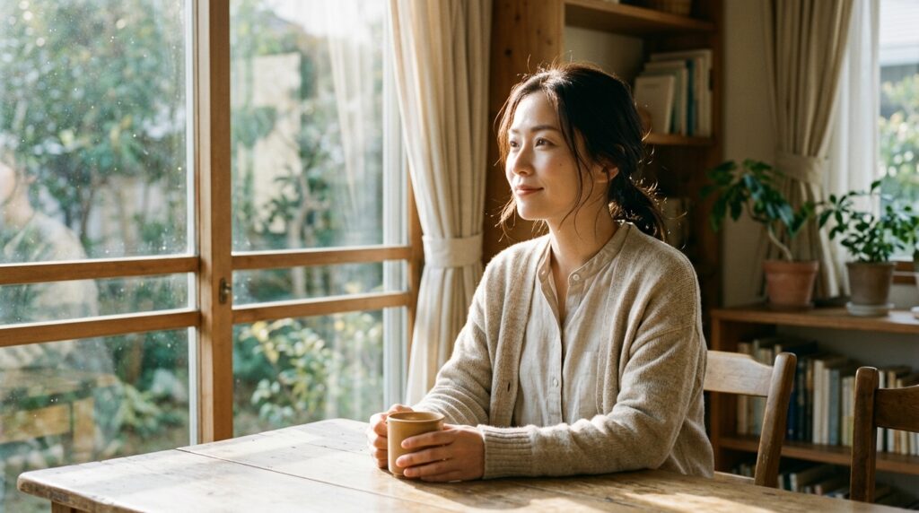 探偵調査や解決を経て前を向く日本人の女性（未来を守るイメージ）