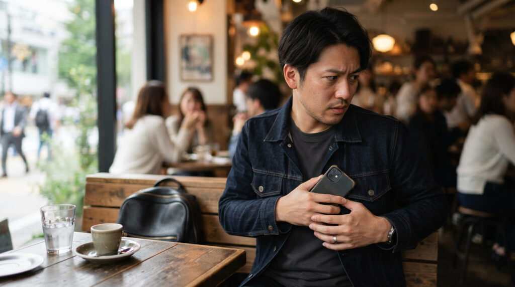 カフェのテーブルで周囲を気にするようにスマートフォンを隠す日本の男性