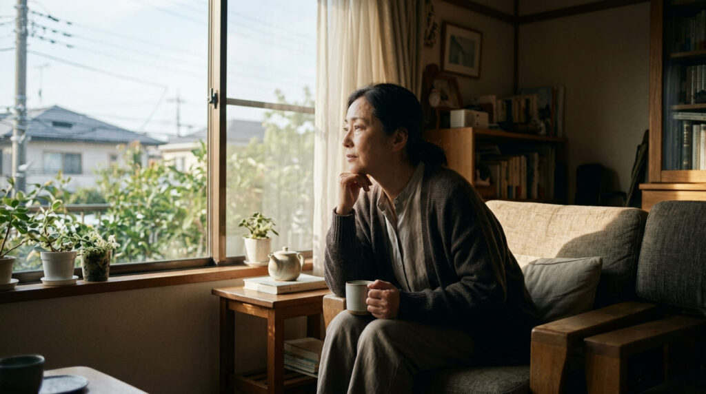 静かなリビングの窓辺で、一人物思いにふける40代〜50代の日本人女性。熟女が不倫に陥る心理的背景や孤独感を表現した画像。