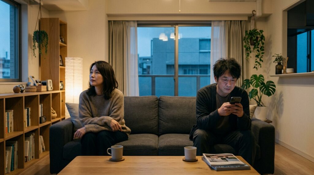 リビングでスマホを気にしながら配偶者と心理的距離を感じさせる日本人男性の様子