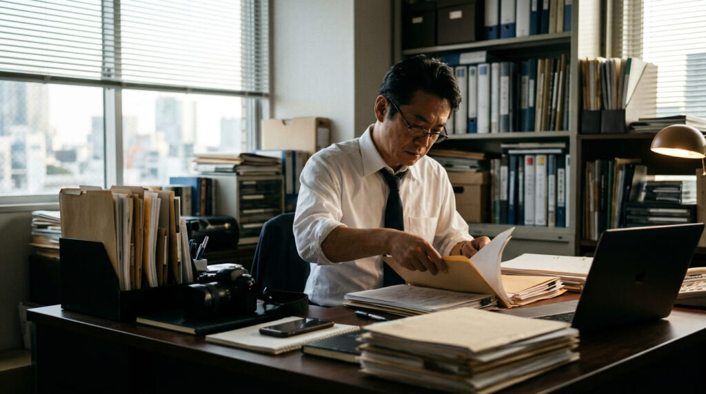 婚前調査の主な調査項目を解説する画像(デスクで資料を確認する探偵事務所の日本人相談員)