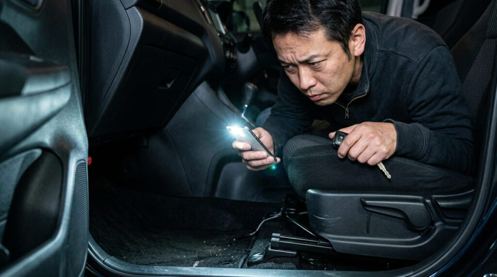 車内のGPSやスマートタグの発覚に気づく日本人男性