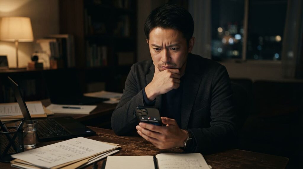 深刻な表情でスマートフォンを見つめ、法的リスクやプライバシーについて考える日本の人物