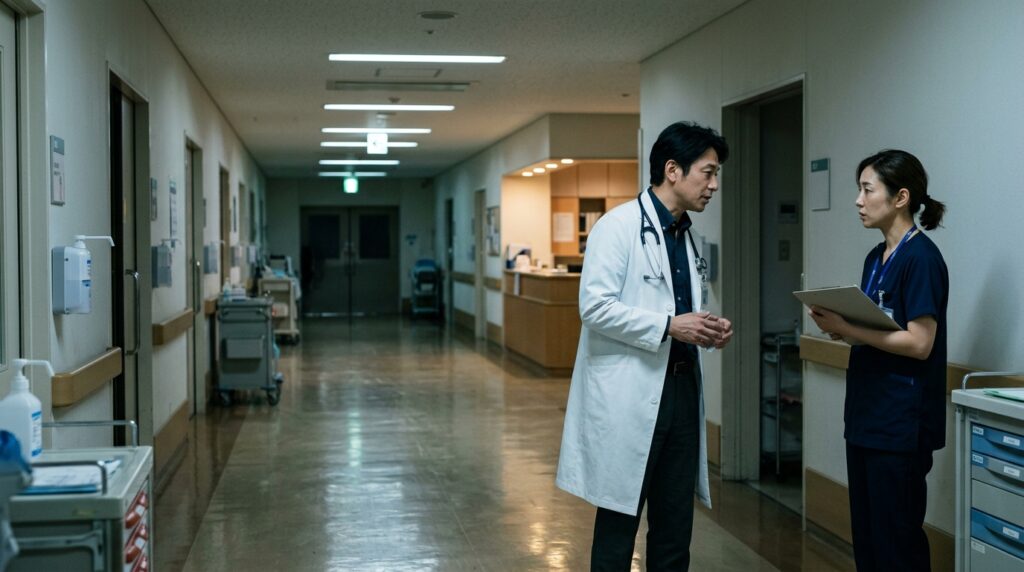 夜の病院の廊下で会話をする日本人の男性医師と女性医療スタッフのイメージ