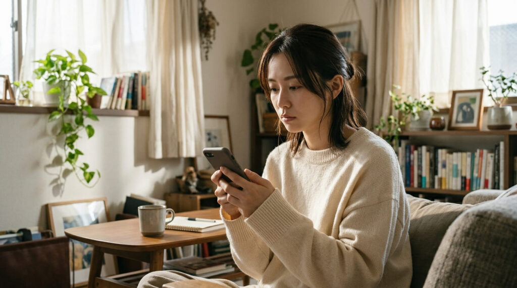 婚前調査の依頼が増加している理由を表現する画像(真剣な表情でスマホを確認する日本人女性)