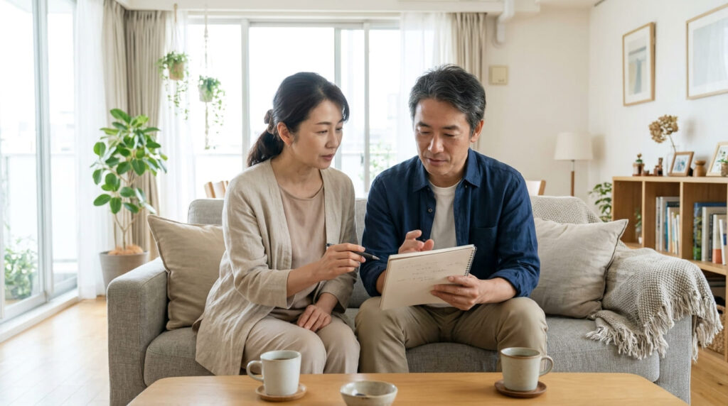 子どもの結婚について夫婦で静かに話し合い事前準備をする日本人の両親