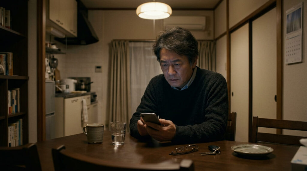 夜のダイニングテーブルで、心配そうな表情でスマートフォンを見つめる日本人男性。妻の行動を振り返るセルフチェックをイメージした画像。