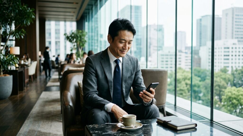 ラウンジでスマートフォンを確認しながら微笑む日本人の男性営業・経営者