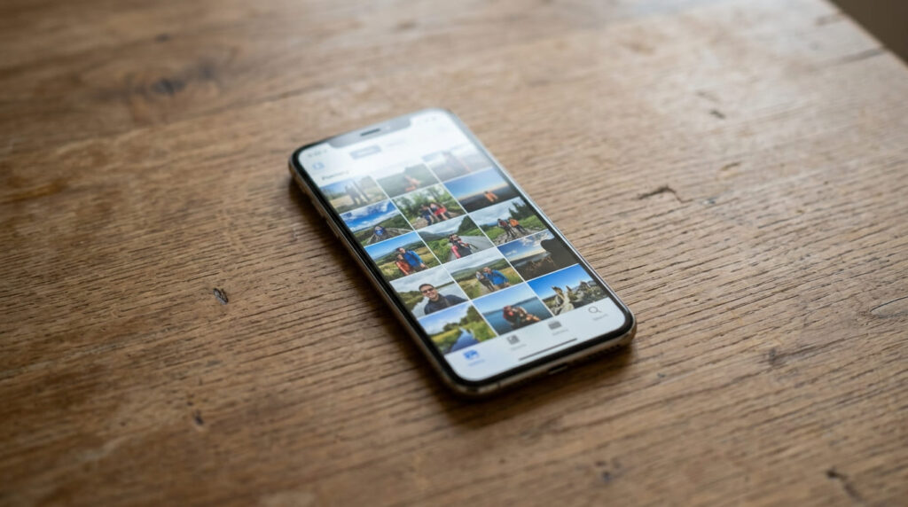 木目調のテーブルの上に置かれたスマホの写真アルバム表示画像