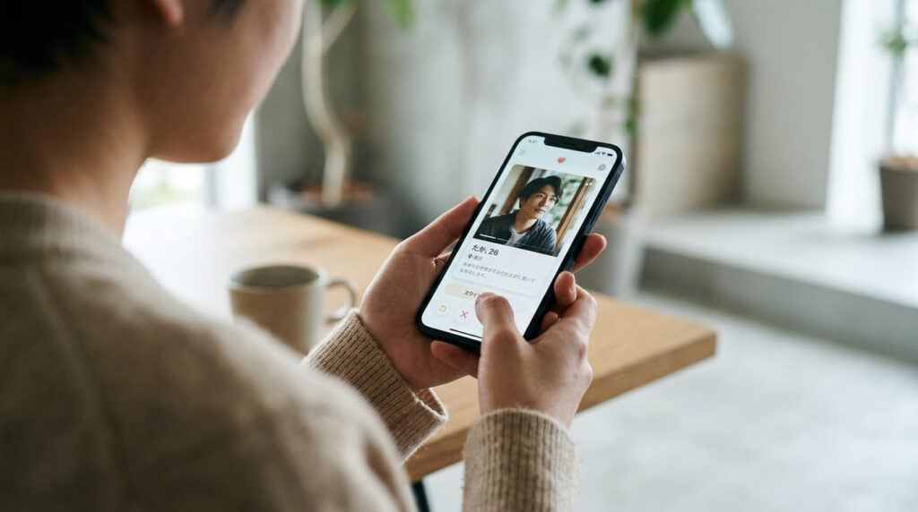 婚活アプリやSNSの普及と結婚詐欺リスクを解説する画像(スマートフォンでマッチングアプリを操作する手元)