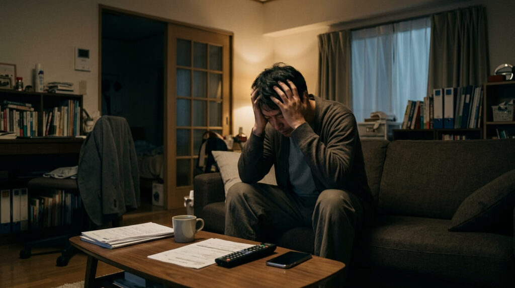リビングのソファーで頭を抱え、ストレスと焦燥感に駆られている日本人男性。不倫を疑った際のNG行動を解説するパートのイメージ画像。