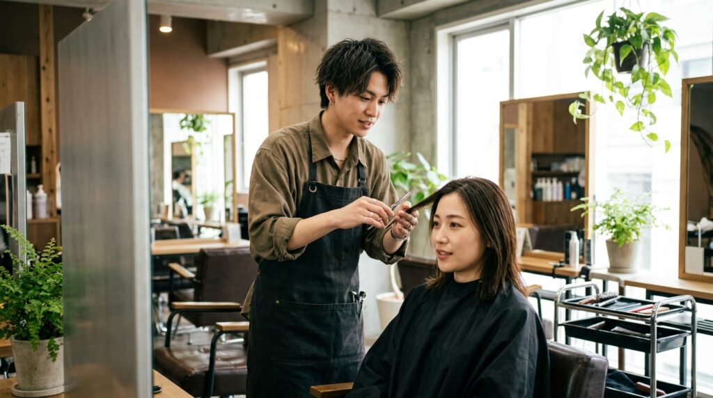 美容室でお客さんの髪をスタイリングする日本人の男性美容師