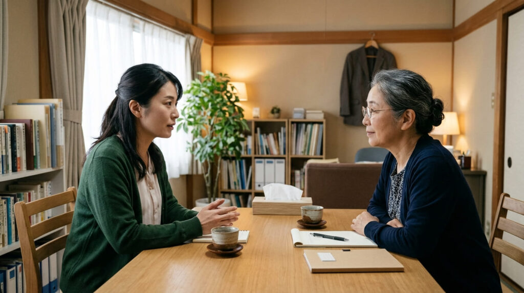 探偵事務所への相談事例をイメージした画像(カウンセラーに相談する日本人女性)