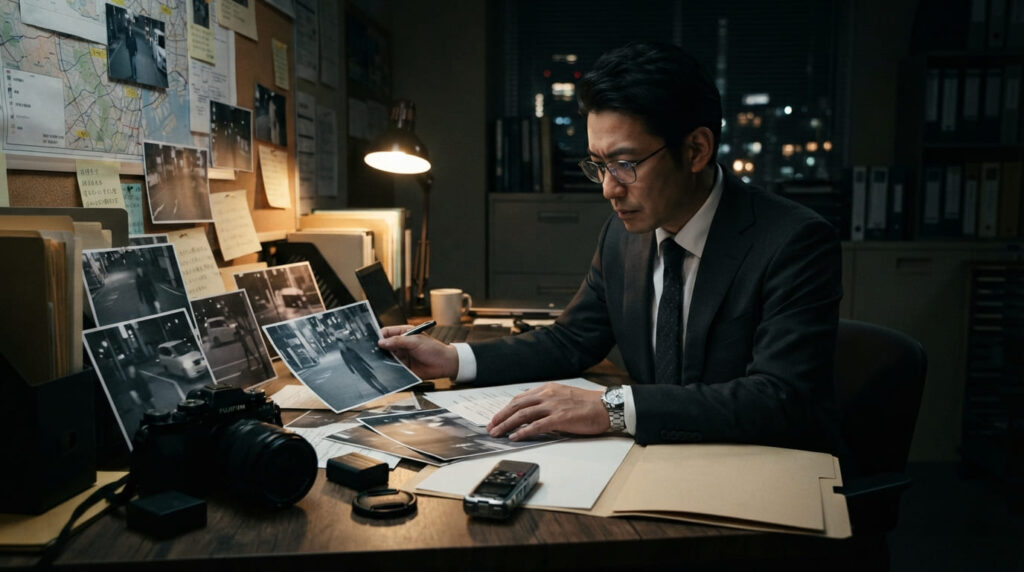 オフィスで調査資料や写真を分析する日本のプロ探偵のイメージ