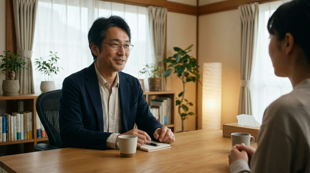 相談者に向き合い、親身にアドバイスを行うプロのカウンセラー。探偵事務所のカウンセラーからの助言を伝えるパートのイメージ画像。