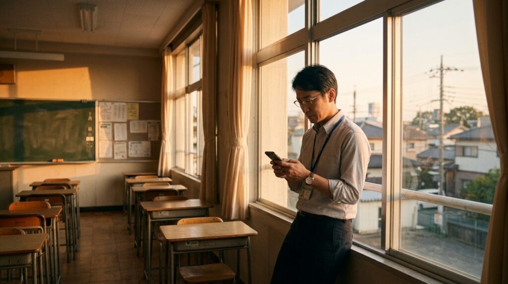 放課後の教室でスマートフォンを手に考える日本人の男性教員