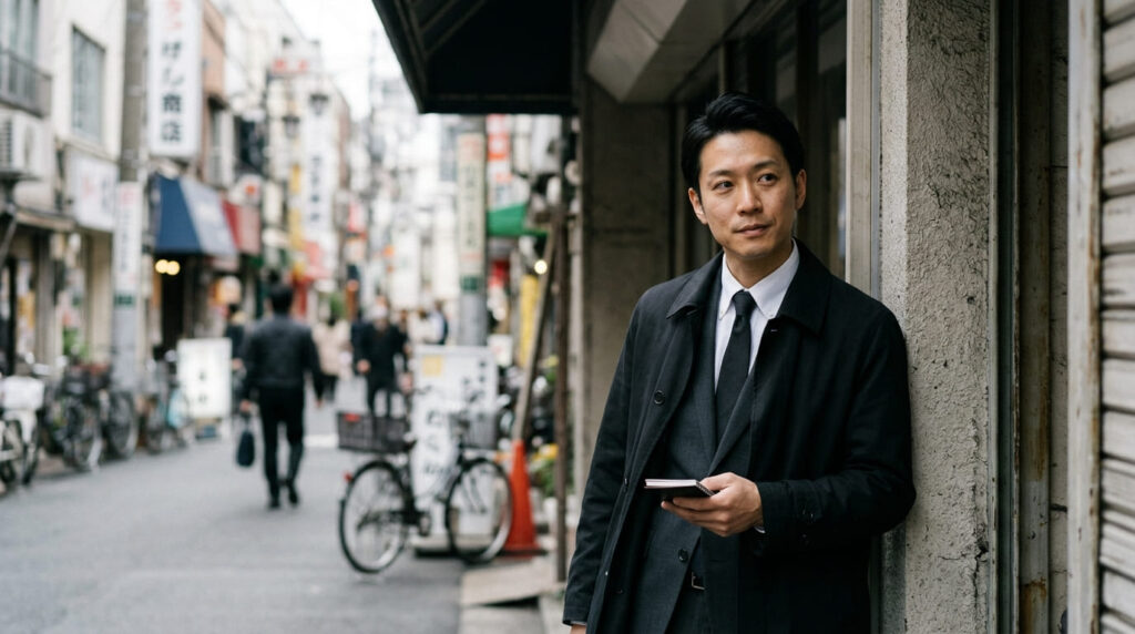 街中で警戒されないよう慎重に尾行・張り込みを行うプロの日本人探偵