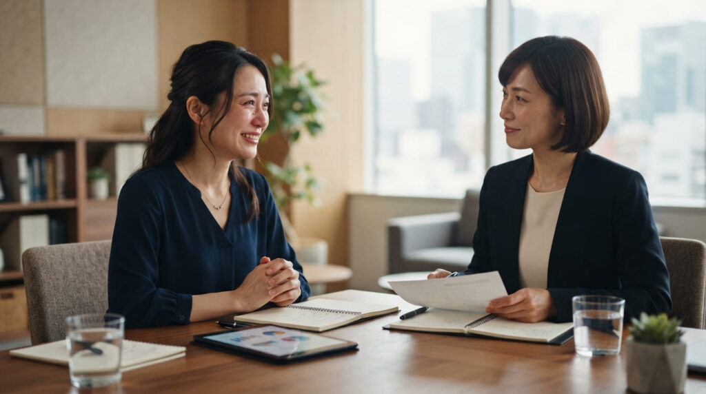 専門の相談員に向き合い、安心した表情で相談する日本の女性