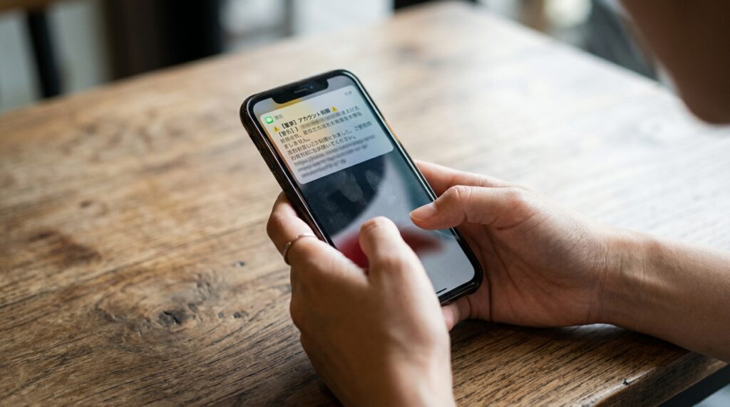 テーブルの上でスマートフォンの怪しい通知を確認する様子のイメージ