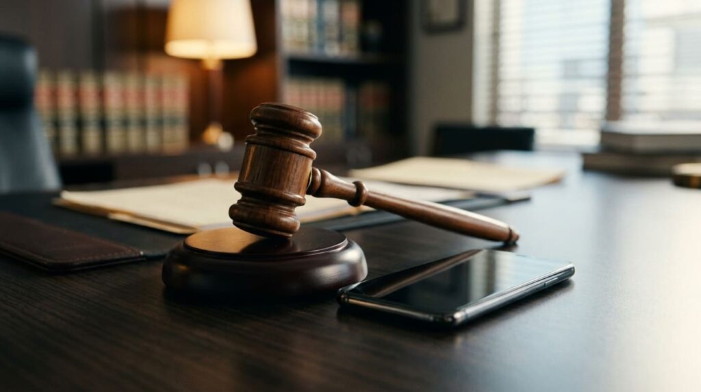 スマートフォンと裁判で使われる木槌(ガベル)を配置した法的手続きのイメージ画像
