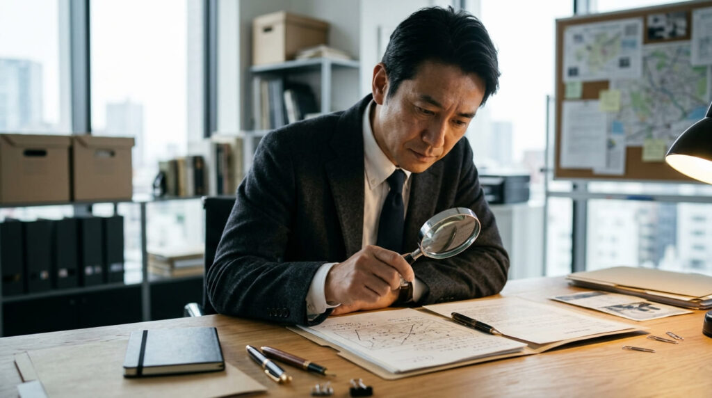 プロの探偵に婚前調査を依頼するメリットを示す画像(書類を精査する探偵)
