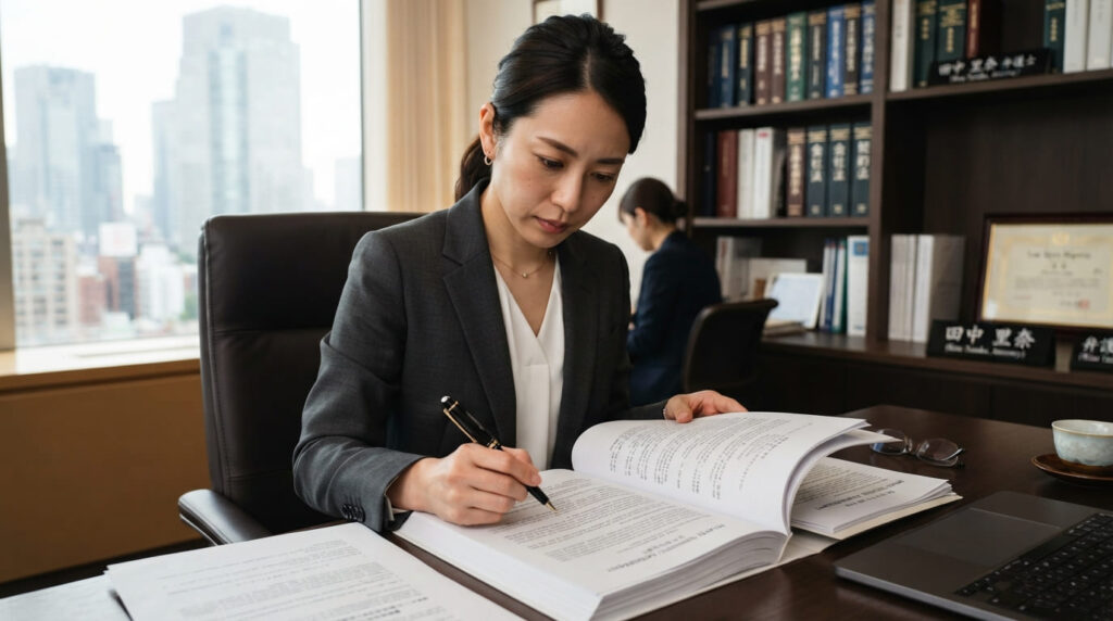法律事務所で書類や法的アプローチを確認する日本の専門家