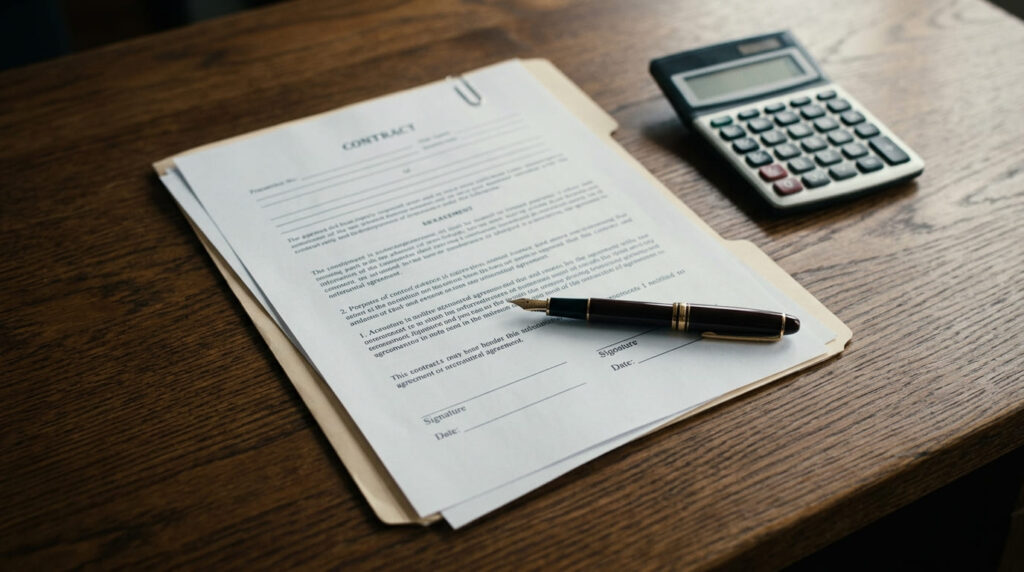 デスクの上にきちんと整理された法的書類とペン。不倫発覚時の法的リスクや慰謝料請求の基礎知識を解説するパートのイメージ画像。