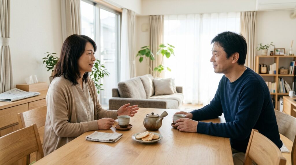 ダイニングテーブルで和やかに会話をして不倫予防の信頼関係を築く日本人夫婦