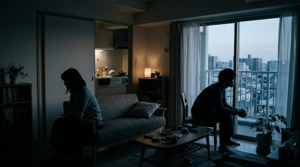 険悪な雰囲気で背を向ける日本の夫婦のシルエット画像