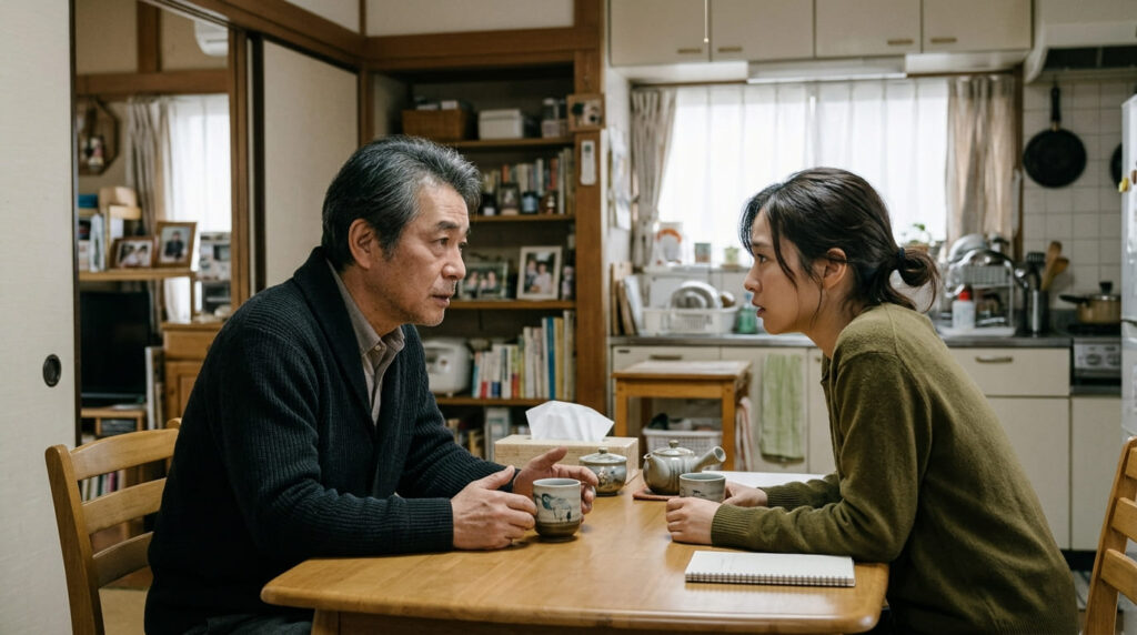 調査結果を受けてリビングで娘と冷静に話し合いを持つ日本人の親