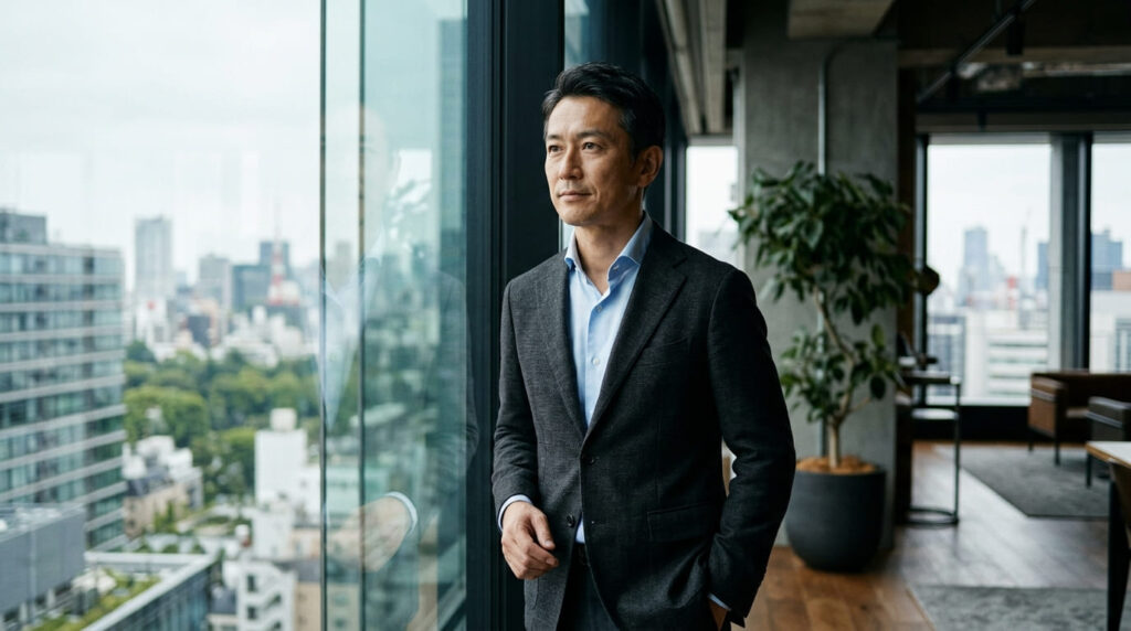 窓の外を見据えながら、冷静かつ前向きに今後の対策を考える日本人男性。これからの具体的なステップを解説するパートのイメージ画像。