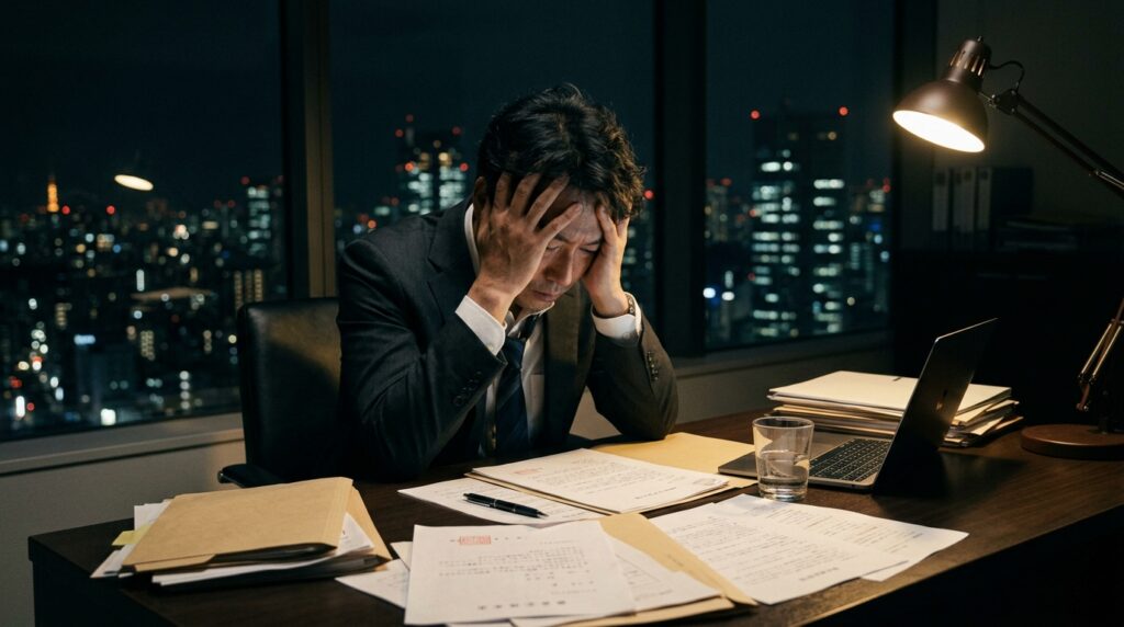 不倫発覚による書類や法的なリスクに頭を抱える日本人の男性ビジネスマン