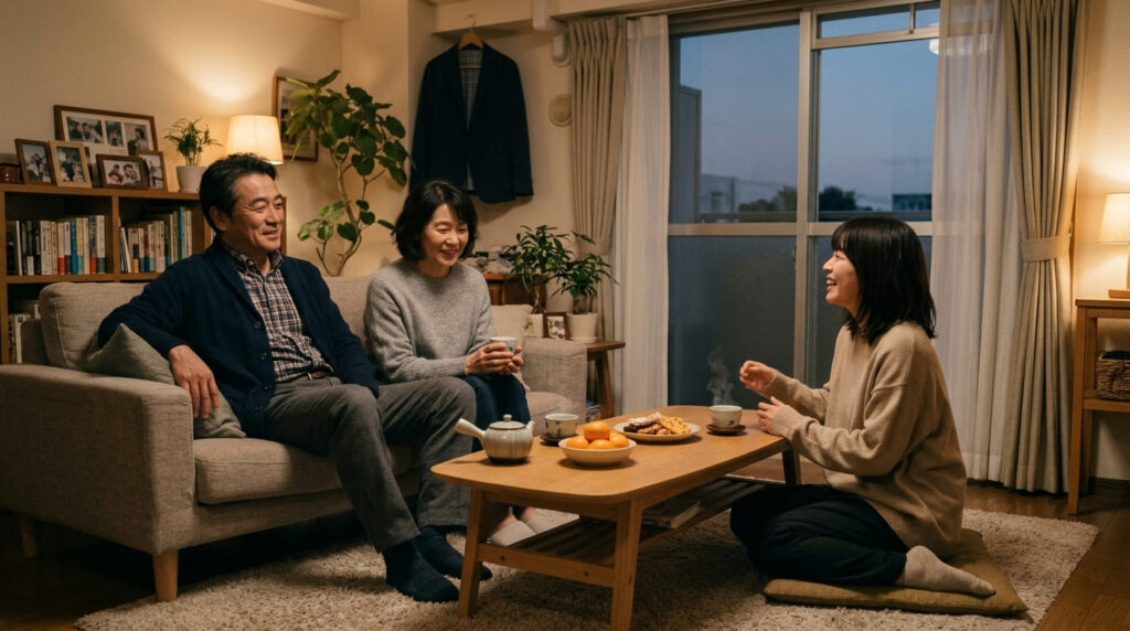調査で懸念が消え安心した表情で家族団らんを楽しむ日本の親子